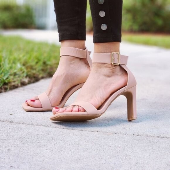 Shoes - Women's Ankle Strap Block Heel Dress Sandals Nude Color